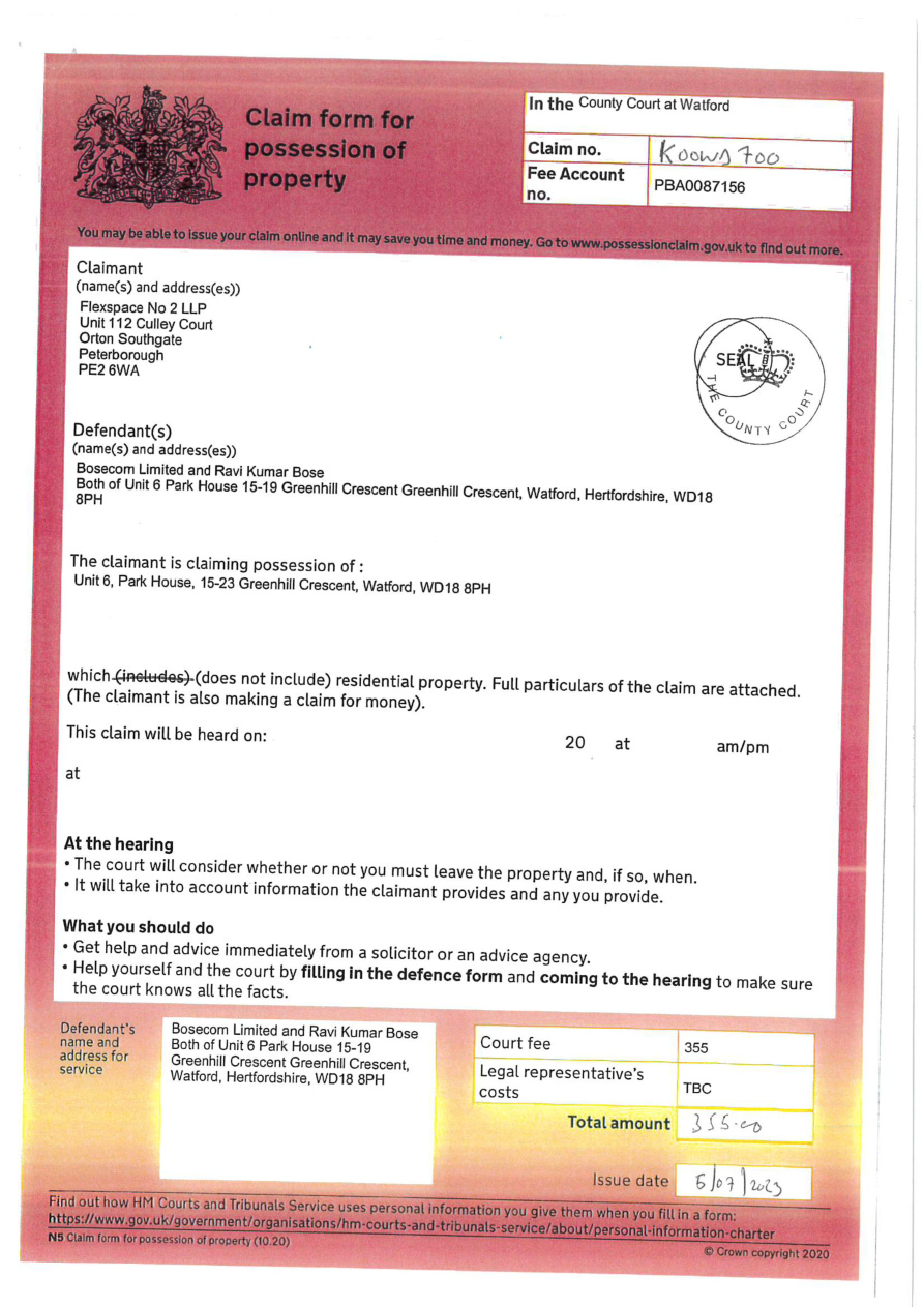 Preview: Sealed Claim Form & Particulars — 05.07.2023