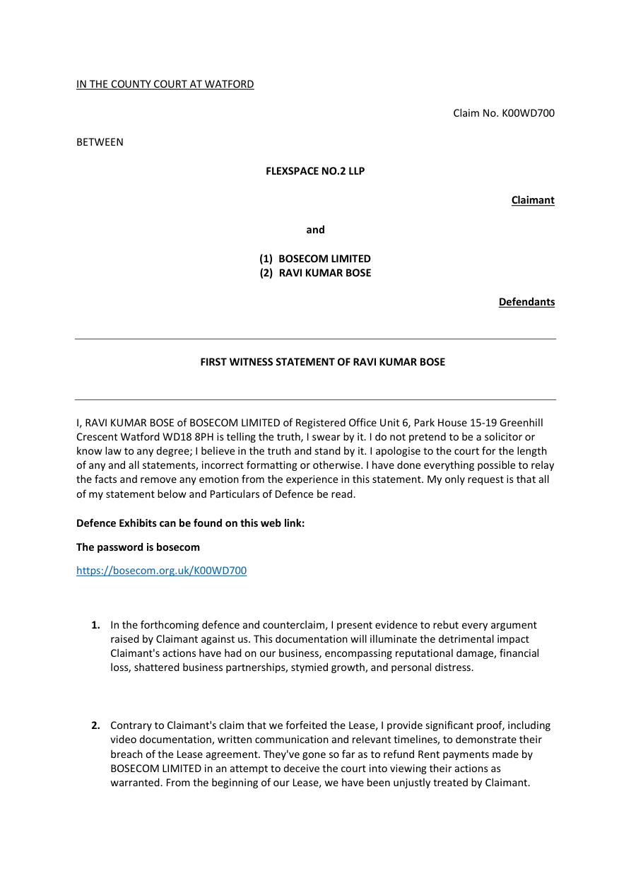 Preview: First witness statement — Ravi Kumar Bose